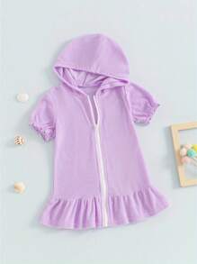 Traje de baño informal holgado de manga corta con volantes y cremallera para niñas de 1 a 8 años. - Morado - Ver 2