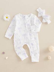 Baby Girl Spring Fall Winter Clothes Newborn Baby Girl Hospital Going Home Outfit Ribbed Footed Romper Bow Print Long Sleeve Full Length Ruffle Zipper Footie Jumpsuit Headband - 白色 - 查看 5