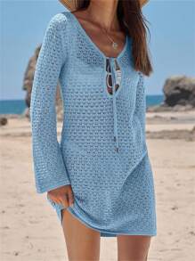 Women Beach Cover Up Solid Color Tie-Up Front Hollow-Out Summer Swimsuit Cover Up Bathing Suit Cover Ups Dresses