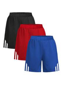 Set de 3 pantalones cortos casuales de diseño sólido y a rayas, de secado rápido, para niño preadolescente. Cómodos y versátiles, adecuados para uso diario, actividades al aire libre, casa y verano.