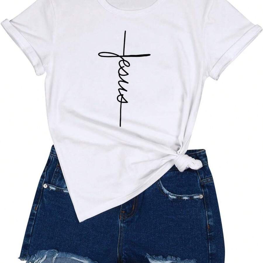 Nlife Women Causal Jesus Letter Printed T-Shirt Christian Graphic Short Sleeve T-Shirt - White - View 1