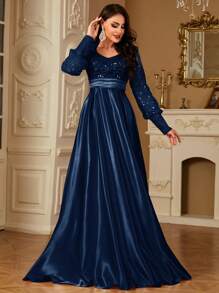 hezixi Contrast Sequins Satin Organza Long Sleeve V-Neck Maxi A-Line Formal Evening Gown Maxi Dress, Party Dress, Wedding Guest Dress - Navy Blue - View 4