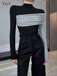 [Y6Y]女款秋季優雅高端T恤，黑灰配色拼接假領長袖修身短版上衣 - 黑色 - 查看 8