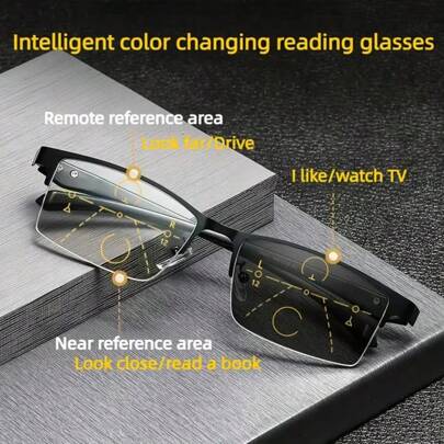 Photochromic, Progressive Multifocal Reading Glasses, Light Readers, TR Flexible Half-Rim Frame, Lightweight Wear,