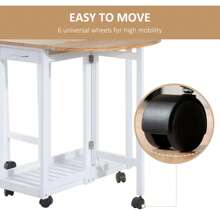 HOMCOM 3PC Wooden Kitchen Cart Mobile Rolling Trolley Folding Bar Table Two Stools Dining Chair Storage Shelf W/2 Drawers & 6 Wheels - White - View 7