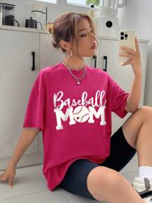 Women's Short Sleeve Drop Shoulder T-Shirt. Baseball Monogram, Suitable For Playing Baseball Activities, Party, Sports, Outdoor Leisure, City Roaming, Travelling And Other Scenes, Women's Short Sleeve Tops, Baseball, Monogram, Loose And Comfortable, Women's Tops, Women's Spring And Summer Short-Sleeve T-Shirt - Hot Pink - View 4