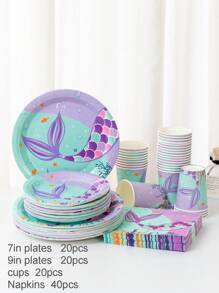 Juego de 100 piezas de vajilla desechable con diseño de sirena, adecuado para 20 invitados. Incluye servilletas cuadradas desechables, platos de papel y vasos de papel. - Multicolor - Ver 11