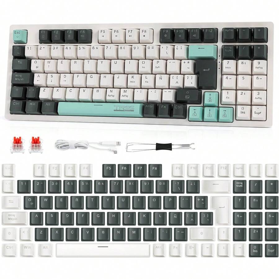 LORISKORS TR95 Teclado Mecánico Español de 95 Teclas, Teclado Oficina de Blanco Retroiluminado, Teclado Gamer con Ñ y Teclas Numérico, Cable Removible, Keyboard de Red Switch, Blanco/Gris Verde - Blanco/Gris Verde (Red Switch) - Ver 1