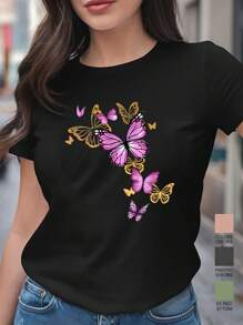 Women's Colorful Butterflies Flying In The Sky Valentines Day T-Shirt, 220gsm Round Neck Casual Heavy Pure Cotton T-Shirt (1 PC) - 黑色 - 查看 1
