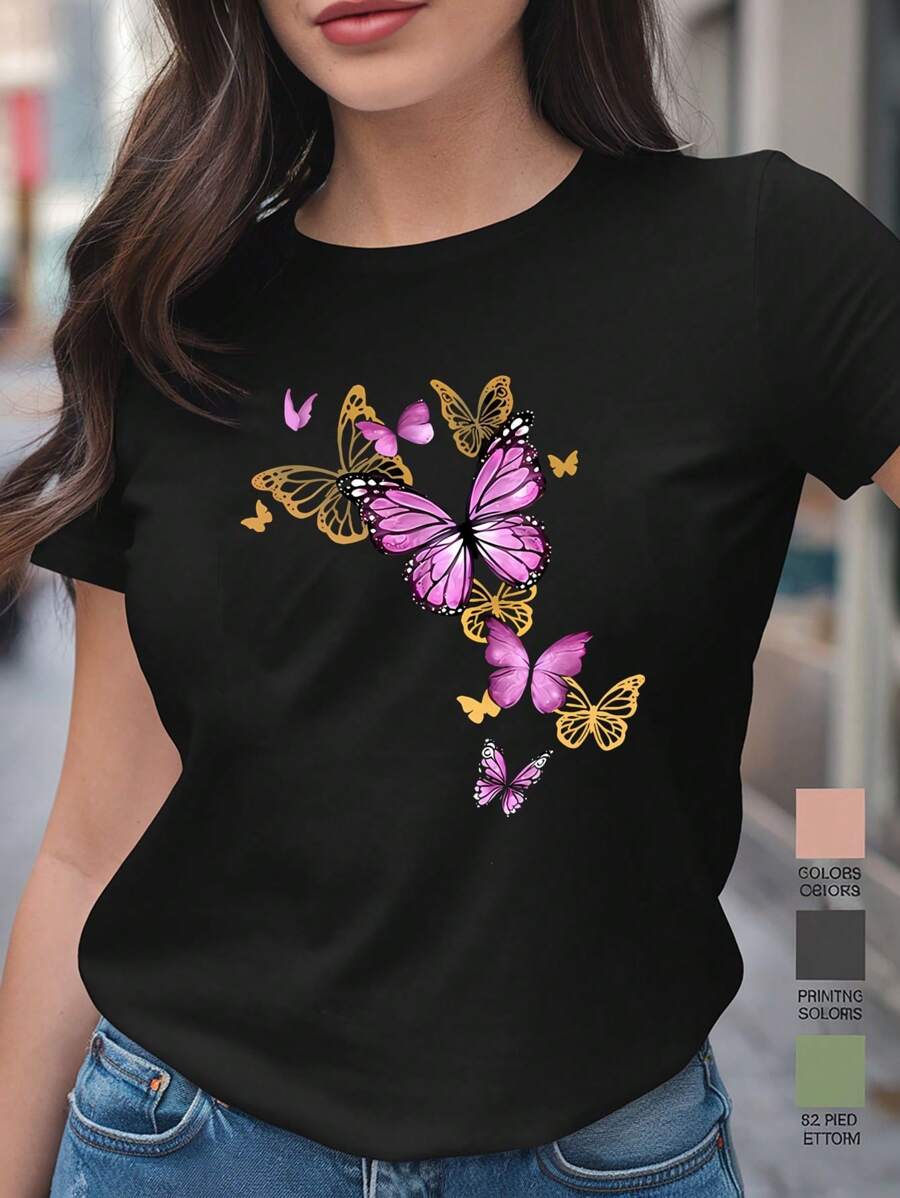 Women's Colorful Butterflies Flying In The Sky Valentines Day T-Shirt, 220gsm Round Neck Casual Heavy Pure Cotton T-Shirt (1 PC) - 黑色 - 查看 1