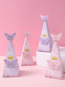 6pcs Beauty Butterfly Theme Triangle Gift Box,12pcs Pink Purple Butterfly Stickers, Butterfly Gift Wrapping Box Birthday Packing Supplies,1st Birthday Babe Shower Gender Reveal Party Decoration Gift Packaging Box - Butterfly - View 1