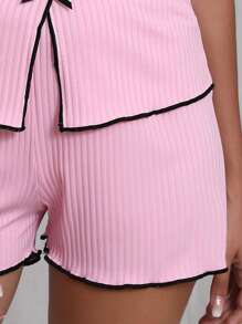 女士夏季睡衣两件套，休闲 V 领短袖蝴蝶结衬衫和罗纹短裤，优雅家居服，可外出穿着 - 粉色 - 查看 9