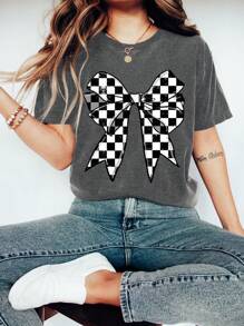 Checkered Bow Cartoon Letter Graphic Print T Shirt, Short Sleeve Crew Neck Casual Top For Summer & Spring, Women's T-Shirt - Màu xám đen - Xem 1