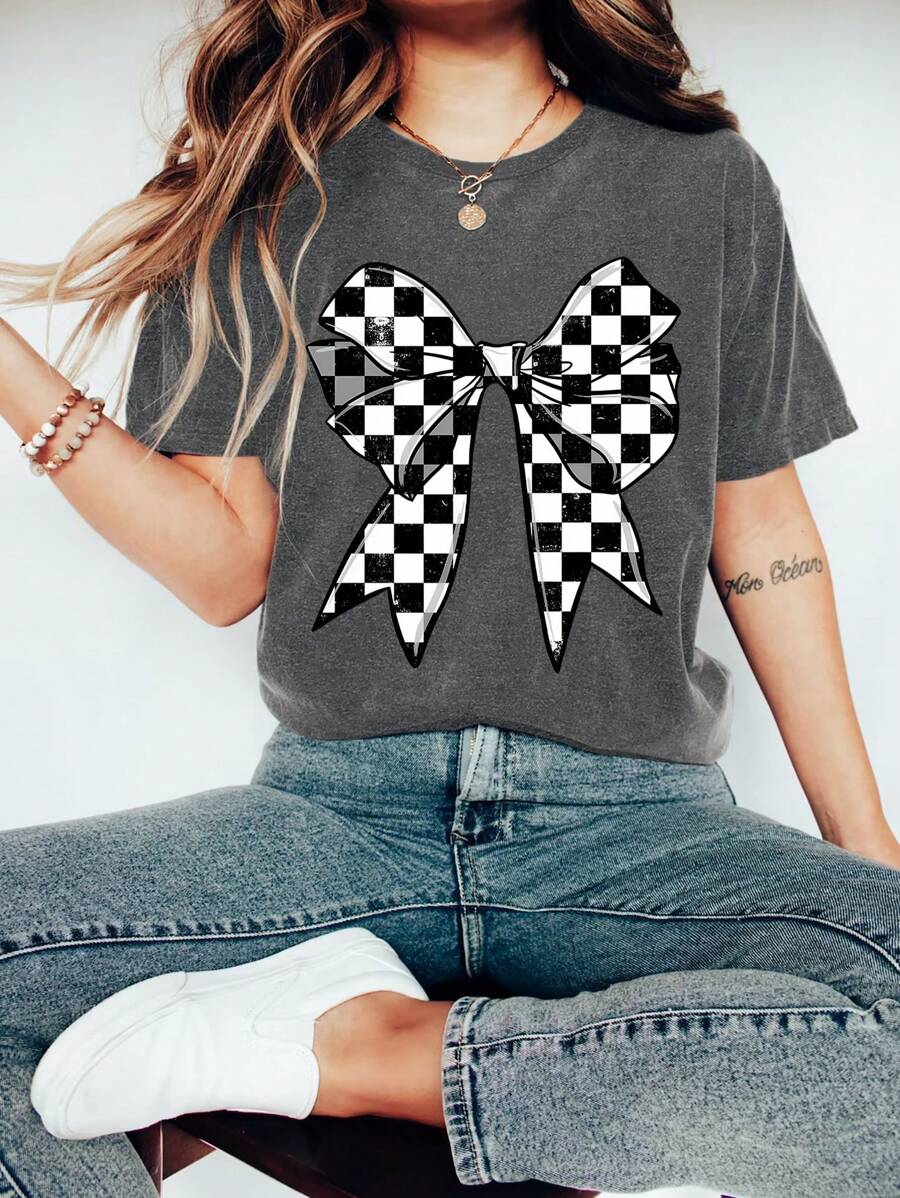 Checkered Bow Cartoon Letter Graphic Print T Shirt, Short Sleeve Crew Neck Casual Top For Summer & Spring, Women's T-Shirt - Màu xám đen - Xem 1
