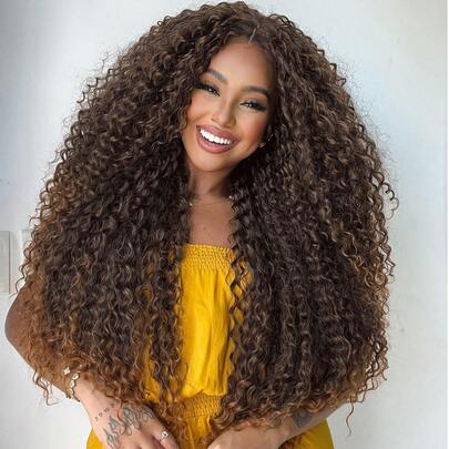 Peluca sintética de 28 pulgadas extra larga para mujer, cabello ondulado y rizado en color marrón miel y negro, resistente al calor, esponjosa con gran volumen, para uso diario, bodas y fiestas