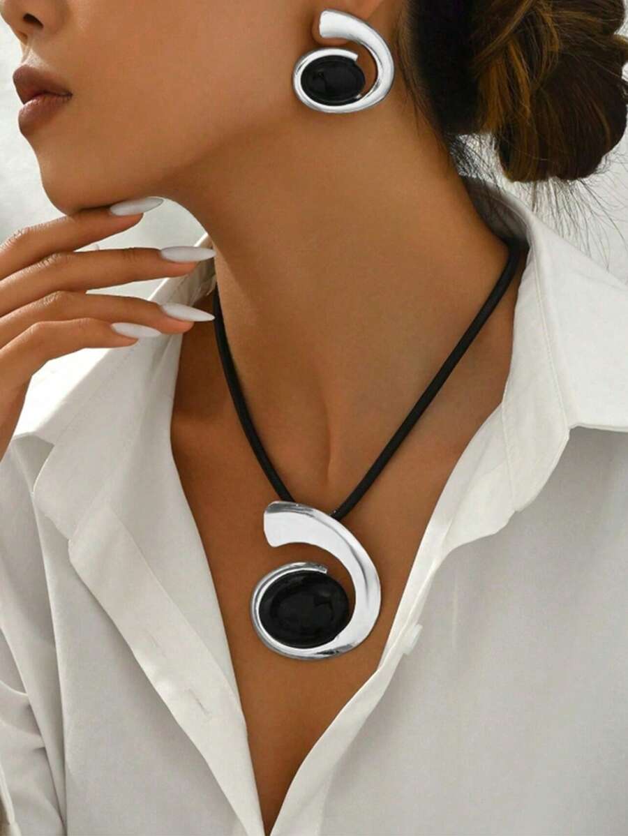 New Metal Style Earrings & Necklace Jewelry Set, Fashionable Accessory For Fall/Winter - Silver - View 1