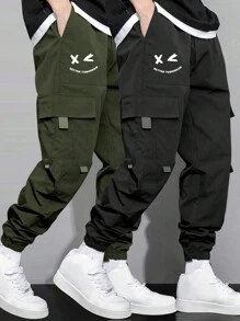 2pcs Tween Boys Simple Outdoor Running Exercise Multi-Pocket Decor Cargo Pants, Spring/Autumn - Black - View 1