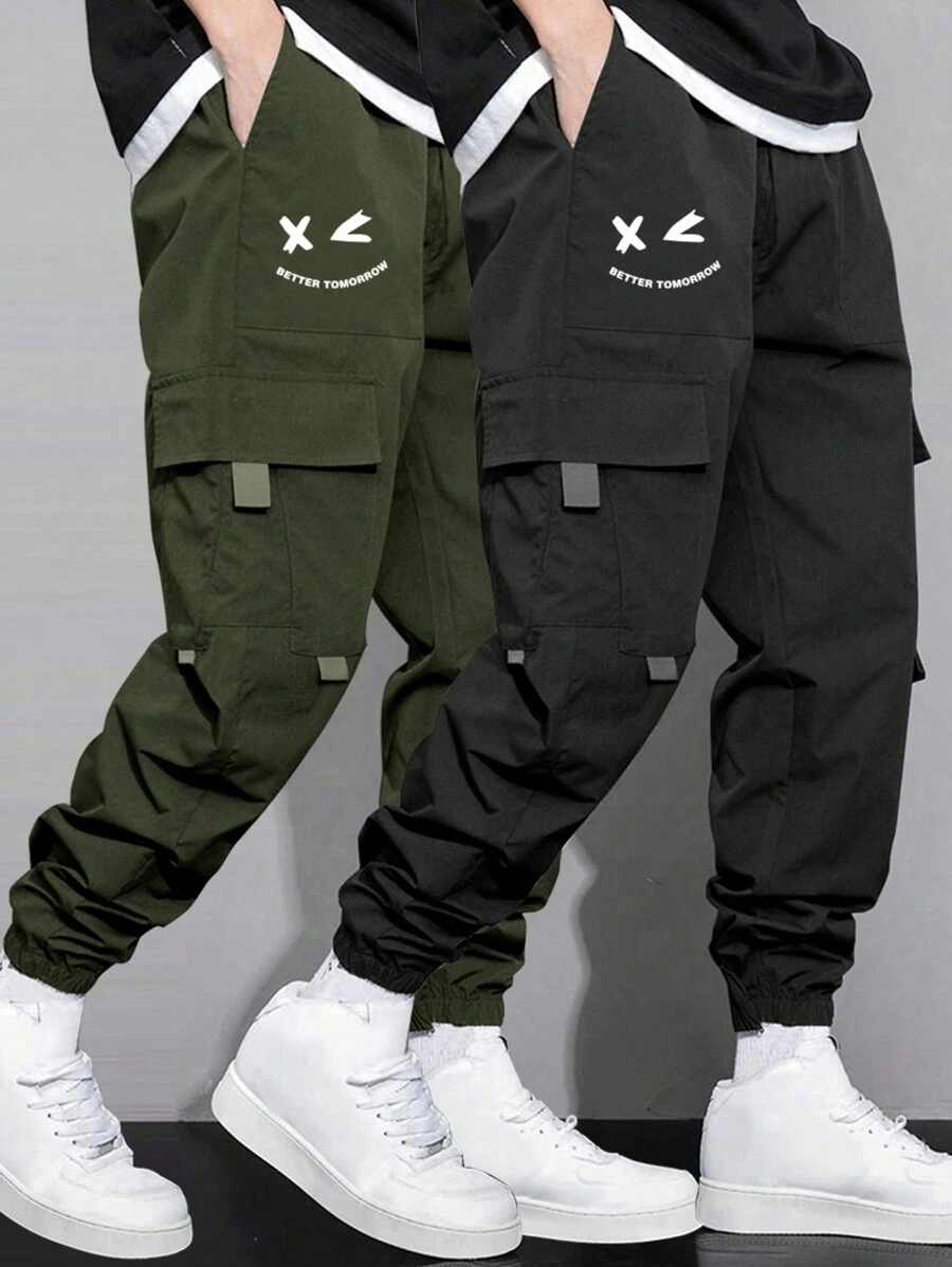 2pcs Tween Boys Simple Outdoor Running Exercise Multi-Pocket Decor Cargo Pants, Spring/Autumn - Black - View 1