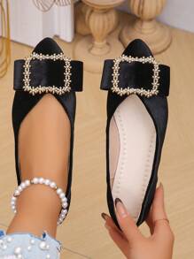 Plus Size 35-45 Spring-Autumn New Fashion Colorful Canvas Pointed Toe Flat Mule Slip-On Shoes, Stylish Casual Wear With Dresses - Black Gold Velvet-square Wreath Buckle - View 2