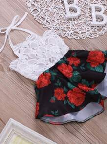 0-3 Years Old Toddler Fashion One-Piece Breeches, Sleeveless Halter Lace Top + Loose Printed Wide-Legged Shorts, Casual Jumpsuit, Cotton Blend Comfortable And Soft Fabrics - 黑色 - 查看 2