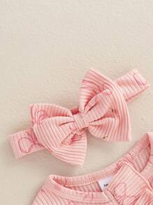 Baby Girl Spring Fall Winter Clothes Newborn Baby Girl Hospital Going Home Outfit Ribbed Footed Romper Bow Print Long Sleeve Full Length Ruffle Zipper Footie Jumpsuit Headband - Pink - View 7