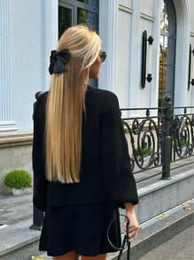 Women's Knit Set Fang Stitch Short Asymmetrical Skirt And Puff Sleeve Blouse Autumn Winter Fashion - màu đen - Xem 2