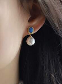 Stylever 1 对时尚珍珠吊坠耳钉，女士 S925 纯银精美珠宝，适合日常佩戴，百搭，可搭配各种服装，非常适合约会和派对装饰 - 金色 - 查看 2