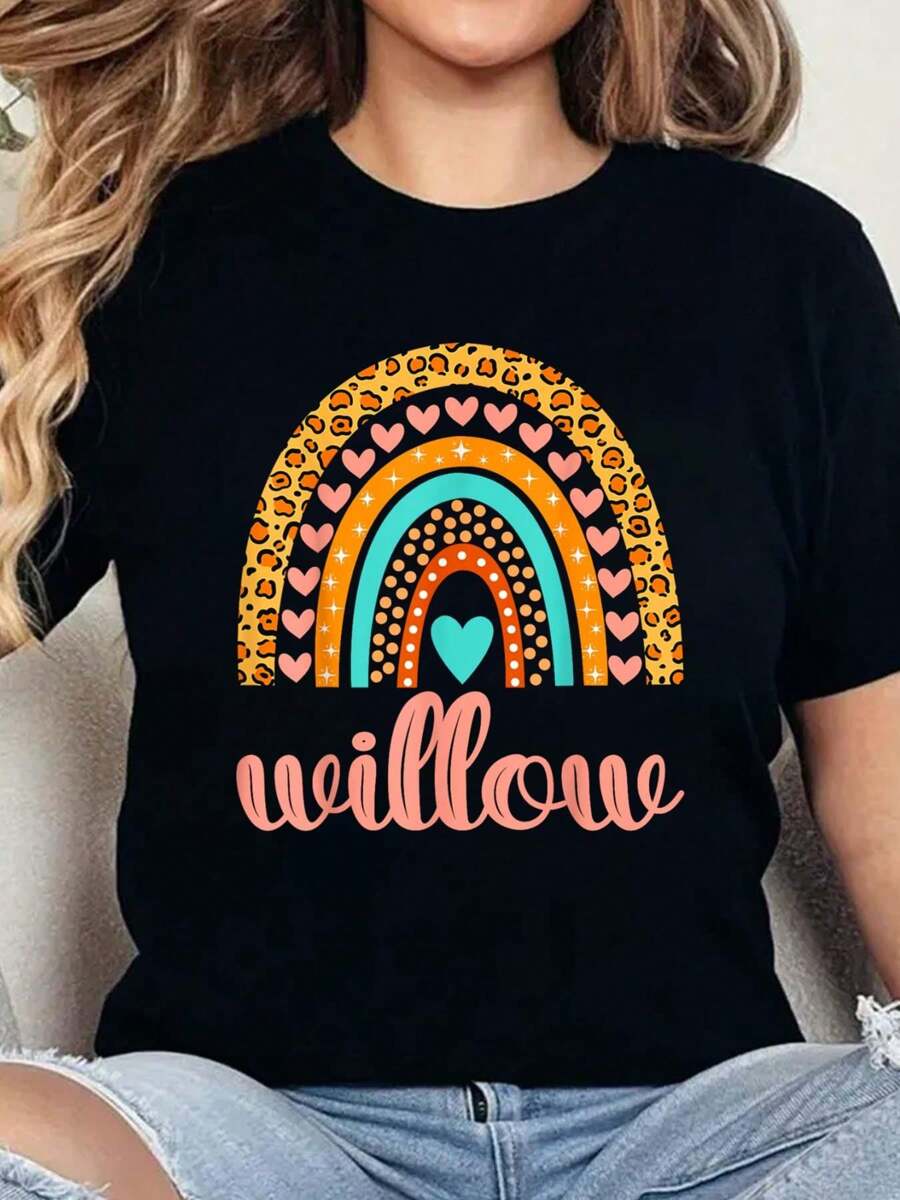100% Cotton Willow T-Shirt Willow Name Birthday Shirt Gift T-Shirt Print Round Neck Short Sleeve T-Shirt For Women Casual, Summer, Women Top Graphic Tees Women Tops - Black - View 1