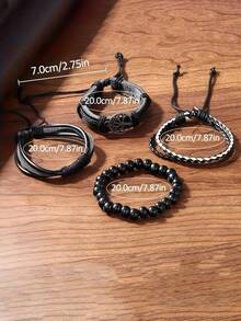 5PCS Men's Casual Fashion Round Quartz Watch With Black PU Braided Strap, Simple Business Style Quartz Watch + Bracelet Set, Suitable For Daily Wear, Birthday Gift, Gathering,Suitable For Daily Wear - Black - View 3