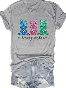 复活节快乐复活节彩色兔子印花时尚女士休闲彩色短袖上衣夏季 - 淺灰色 - 查看 2