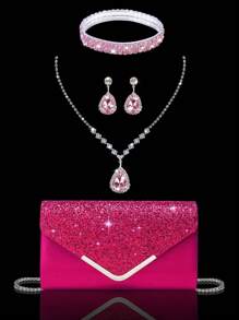 女士水钻晚宴手包，4 件套水钻耳夹新娘婚礼颈链手链吊坠，闪亮钱包，非常适合派对、婚礼、舞会、晚宴/宴会、婚纱、正式服装、舞会礼服、生日礼服