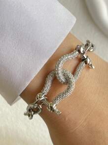 STYLEVER 1pc Gold And Silver Contrasting Bracelet , Rolo Chain ,Chain Lock Bracelet ,Screw Clasp Bracelet,Gold Horseshoe Charm Bracelet,U-Shape Charm Bracelet - Yellow Gold - View 5