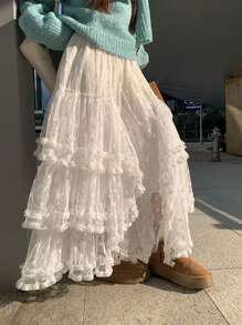 French Style Lace Flare Ruffle Skirt, High Waist Slimming Fairy Multilayer Asymmetrical Ditsy Floral - White - View 1