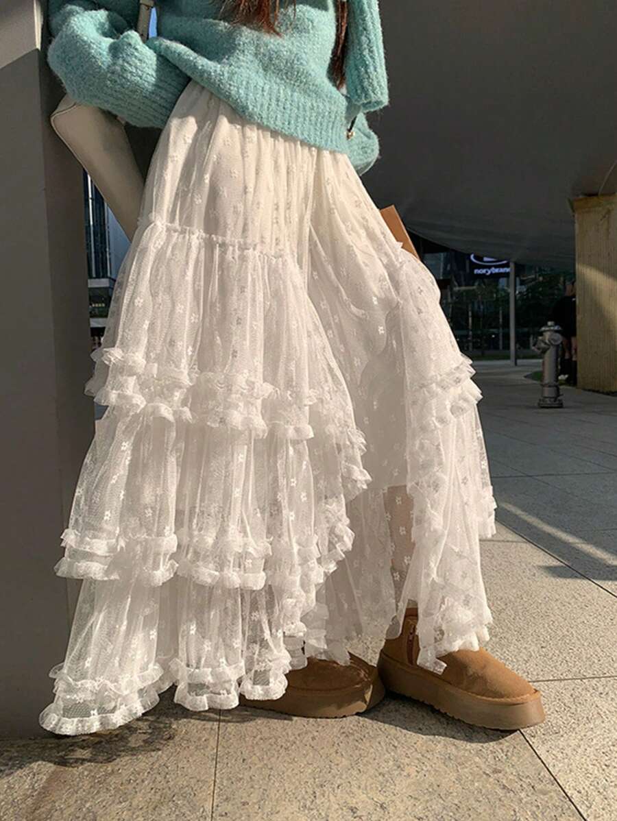 French Style Lace Flare Ruffle Skirt, High Waist Slimming Fairy Multilayer Asymmetrical Ditsy Floral - White - View 1