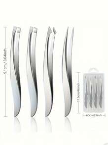 4pcs Stainless Steel Tweezers Set - Precision Eyebrow, Nose & Face Hair Removal Tools With Banana Clip Design, Fragrance-Free Professional Beauty Accessories