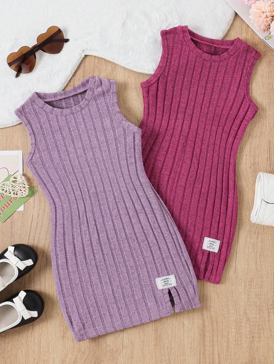 Young Girls Plain Ribbed Sleeveless Casual Dress 2 Pieces Set