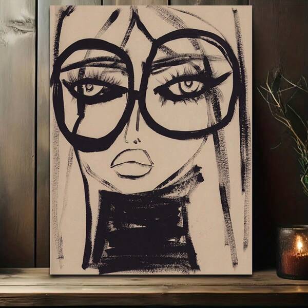 1pc Art Deco Abstract Woman With Glasses Canvas Art Print, Modern Black And White Pine Wood Framed Wall Hanging Decor For Home Office, Bedroom, Classroom - Indoor Monochrome Painting Gifts Birthday Graduation