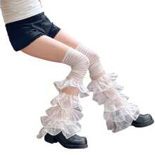 Calentadores de piernas para mujer con volantes de encaje y retazos, calcetines largos hasta el muslo, cubrebotas para ropa de calle - blanco - Ver 3