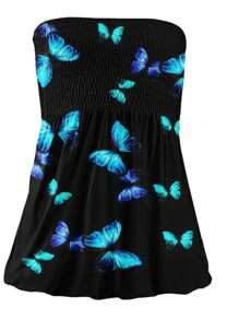 Fox Claw Women Floral Smocked Ruffled Bandeau Top Strapless Backless Summer Sleeveless Loose Holiday Blouse