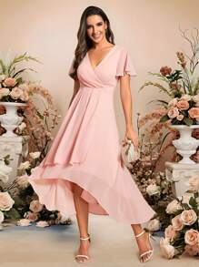 Elegant Chiffon Ruffle Hem Contrast Color High-Low A-Line Midi Chiffon Pink Bridesmaid Dress, Wedding Guest Dress, Suitable For Wedding Occasions - Pink - View 6
