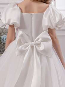 女童泡泡袖薄纱花童裙，公主裙，适合复活节、生日派对、婚礼、舞会、节日场合 - 白色 - 查看 5