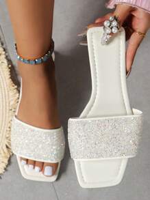Women's Anti-Slip Soft-Sole Square-Toe Rhinestone Flat Sandals, Comfortable Casual Fashion Elegant Slip-On Sandals For Summer Daily Household Outdoor Wear, White - White - View 7