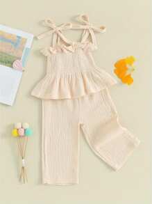 Toddler Baby Girls Clothes Solid Color Sleeveless Camisole Linen Pants Set Baby Summer Outfits/Newborn Summer Clothes For Girls/Little Girl Summer Clothes - 杏色 - 查看 3