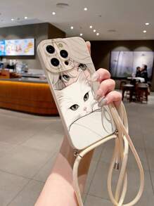 1个女孩猫咪相机装饰防震手机壳，带挂绳，兼容苹果、三星、Infinix、红米、OPPO、vivo、realme等品牌，国际版，非国内版 - 米色 - 查看 3