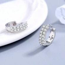 Silver Plating Needle Earrings Fashion High Quality Jewelry Double Row Crystal - Silver - View 4