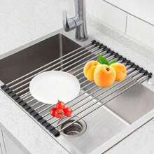 2pcsMultifunctional Kitchen Sink Dish Drainer Rack With DishDrying Mat, Foldable Stainless Steel Dish Drain Roll UpRack - Multicolor - View 6