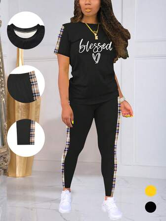 女士字母心形印花短袖上衣和裤子 2 件套