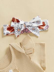 Conjuntos de 3 piezas de pantalones para niñas de 0 a 18 meses, mameluco con mangas voladoras y cuello redondo, pantalones acampanados florales, conjuntos con diadema - Caqui - Ver 3