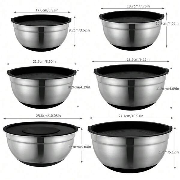 "Mixing Bowls Set With Airtight Lids, 6PCS Stainless Steel Nesting Bowls With 3 Grater Attachments And Non-Slip Bottoms, Spoons Baking Utensils Metal Bowl For Kitchen Cooking Prepping And Serveing Food, Nesting Metal Mixing Bowls "