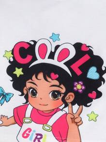 Set de 2 piezas para niñas que incluye camiseta de manga corta con cuello redondo y estampado de dibujos animados en la espalda, y shorts casuales de unicolor cómodos, ideal para verano